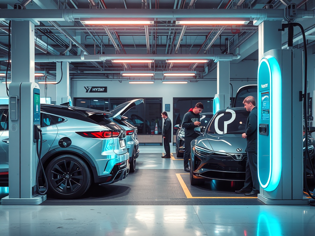 Kỹ thuật viên hiện đại đang bảo dưỡng xe hybrid tại trạm sạc điện ở Hà Nội, với thiết bị chẩn đoán tiên tiến và ánh sáng neon tương lai