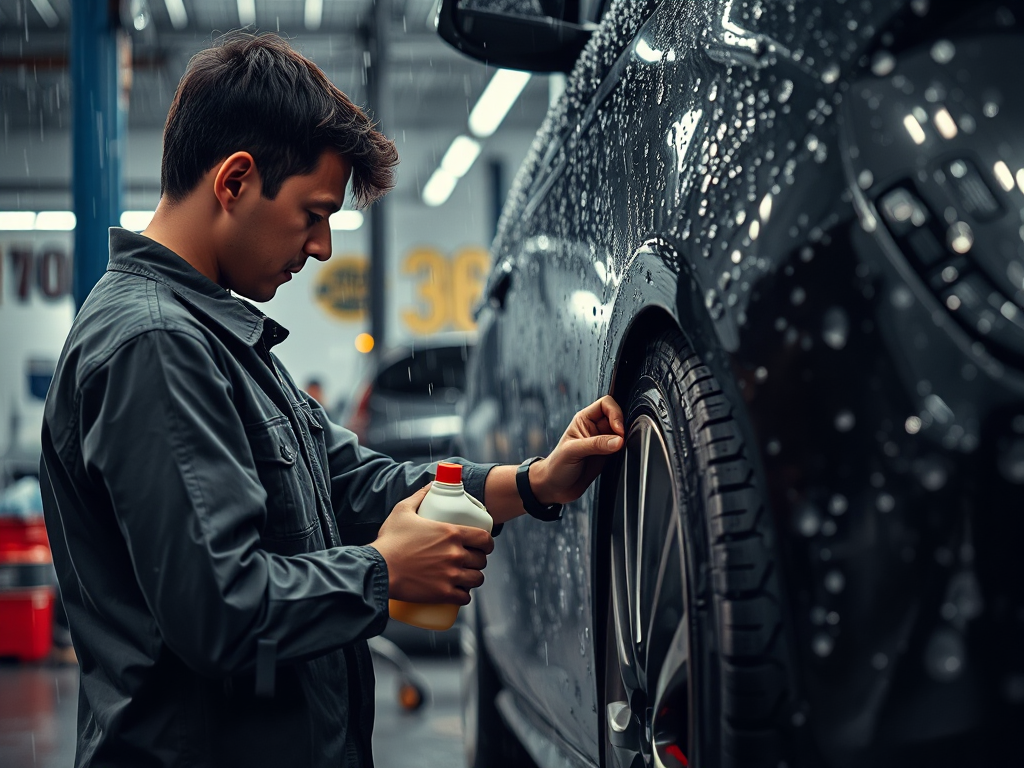 Kỹ thuật viên kiểm tra chất lỏng và lốp xe ô tô trong xưởng bảo dưỡng tại Hà Nội vào mùa thu mưa, không gian làm việc chuyên nghiệp