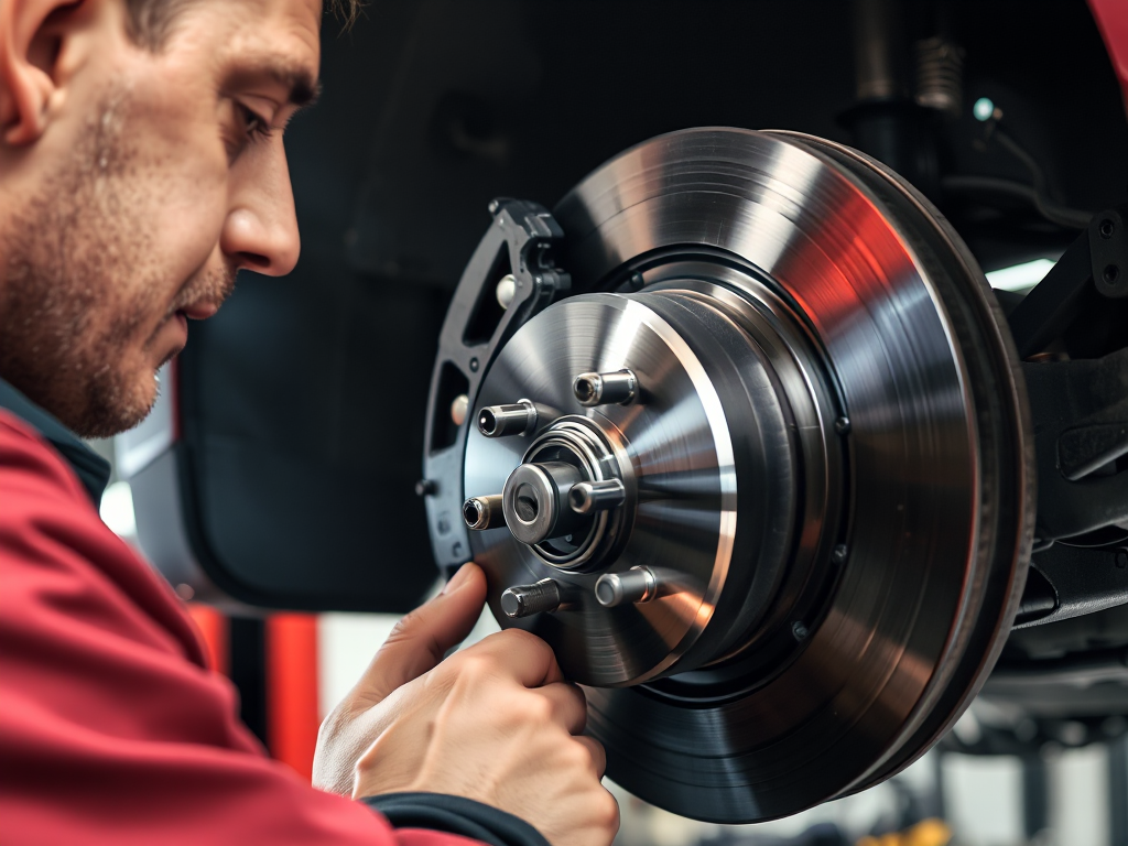 Kỹ thuật viên kiểm tra chi tiết hệ thống phanh ô tô, tập trung vào đĩa phanh và má phanh trong xưởng sửa chữa hiện đại với ánh sáng chuyên nghiệp