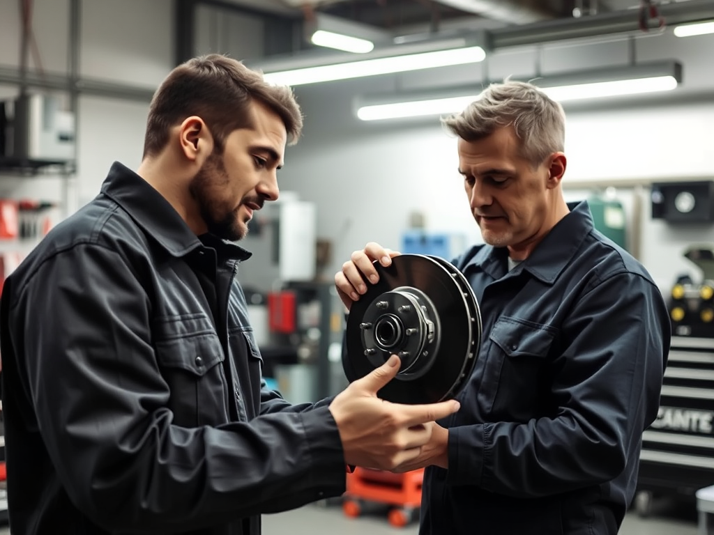 Kỹ thuật viên kiểm tra chi tiết hệ thống phanh ô tô trong gara chuyên nghiệp với đầy đủ dụng cụ và thiết bị bảo dưỡng hiện đại