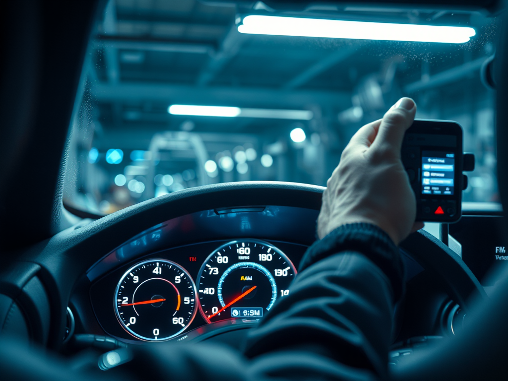 Kỹ thuật viên kiểm tra đèn cảnh báo trên bảng điều khiển xe sang bằng thiết bị chẩn đoán hiện đại trong gara ô tô tại Hà Nội