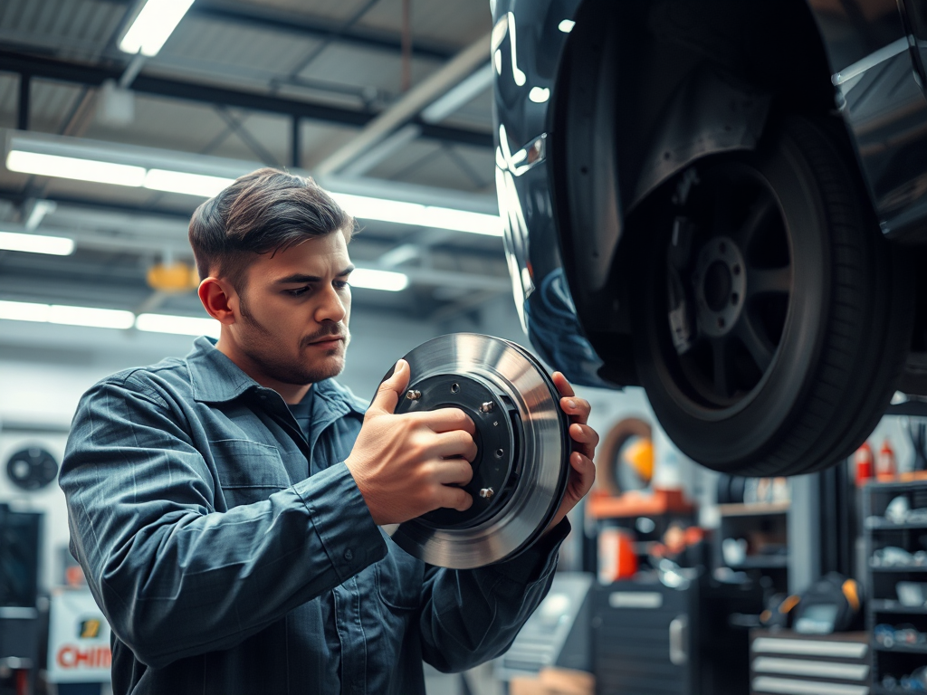 Kỹ thuật viên kiểm tra đĩa phanh và má phanh trên ô tô trong gara sửa chữa hiện đại, đèn chiếu sáng chuyên nghiệp, dụng cụ sửa chữa ô tô xung quanh