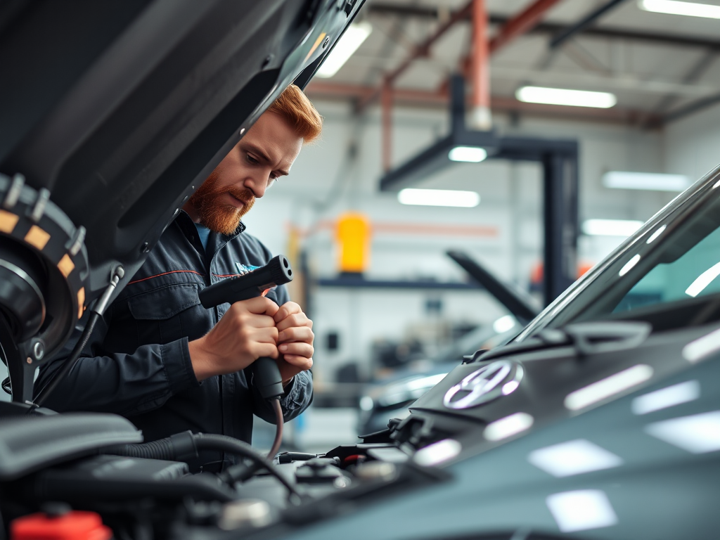 Kỹ thuật viên kiểm tra động cơ ô tô bằng các dụng cụ chẩn đoán trong xưởng sửa chữa hiện đại với ánh sáng đèn trần sáng rõ