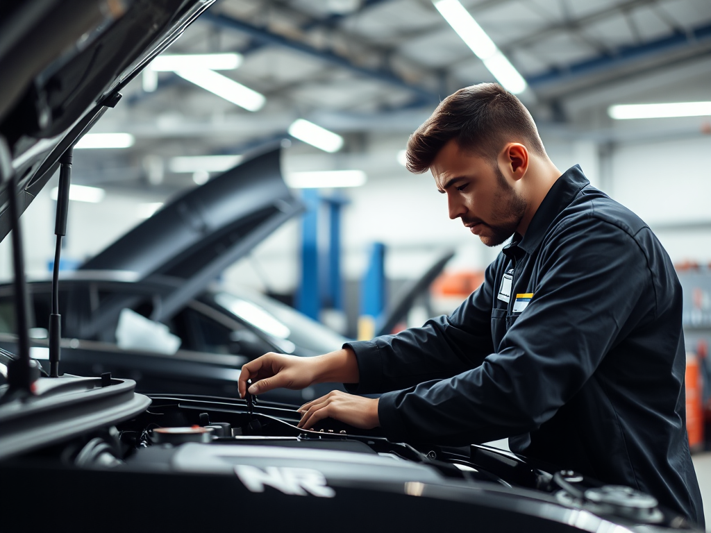 Kỹ thuật viên kiểm tra động cơ ô tô trong gara chuyên nghiệp, ánh sáng đèn chiếu sáng, không gian xưởng sửa chữa ô tô hiện đại