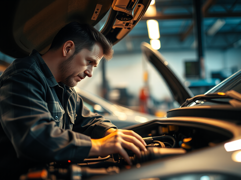 Kỹ thuật viên kiểm tra động cơ ô tô trong gara sửa chữa, tập trung vào chi tiết thay dầu, ánh sáng ấm áp, phong cách chụp ảnh chuyên nghiệp