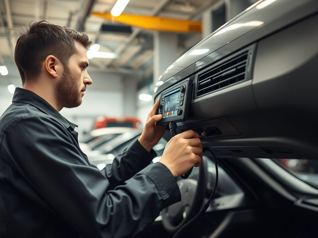 Kỹ thuật viên kiểm tra hệ thống điều hòa ô tô bằng các dụng cụ chẩn đoán trong xưởng sửa chữa với nhiều xe ô tô xung quanh, ánh sáng đèn chiếu sáng trực tiếp