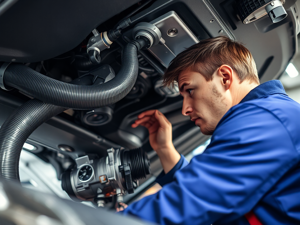 Kỹ thuật viên kiểm tra hệ thống điều hòa ô tô dưới nắp ca-pô, tập trung vào máy nén và đường ống gas, trong xưởng sửa chữa ô tô chuyên nghiệp tại Hà Nội