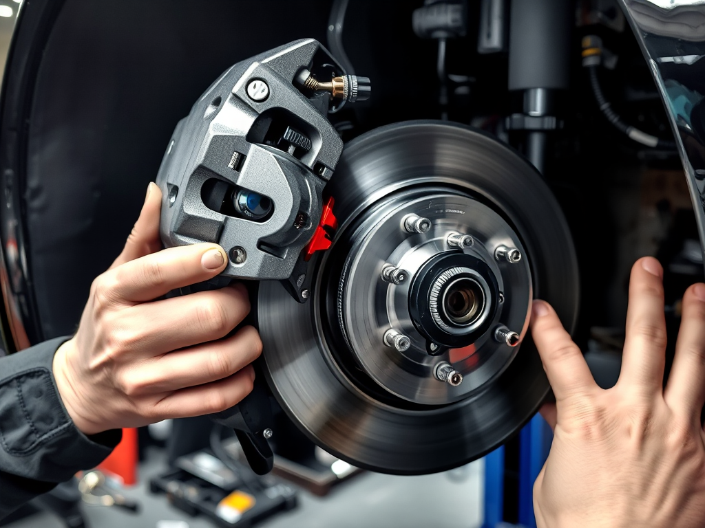 Kỹ thuật viên kiểm tra hệ thống phanh ABS trên ô tô tại xưởng sửa chữa, kiểm tra đĩa phanh và cảm biến ABS với đèn làm việc sáng rõ