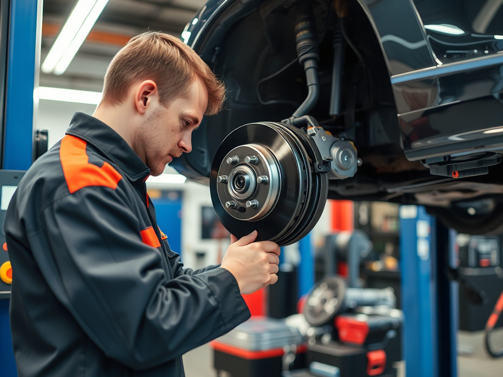 Kỹ thuật viên kiểm tra hệ thống phanh ABS trên ô tô tại xưởng sửa chữa hiện đại ở Hà Nội, trang bị đầy đủ dụng cụ chuyên nghiệp và thiết bị chẩn đoán
