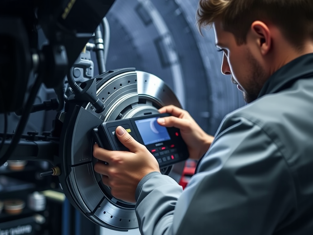 Kỹ thuật viên kiểm tra hệ thống phanh ABS trên ô tô tại xưởng sửa chữa, sử dụng thiết bị chẩn đoán chuyên dụng, ánh sáng tập trung vào các chi tiết phanh