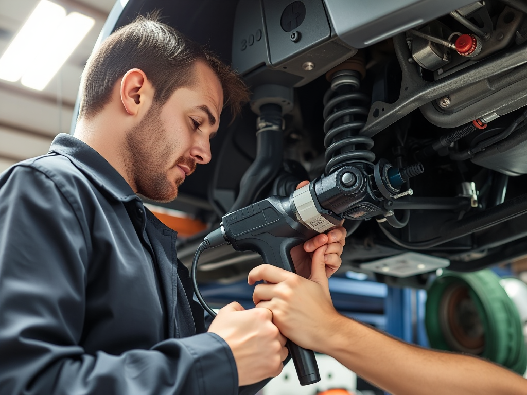 Kỹ thuật viên kiểm tra hệ thống treo ô tô bằng các dụng cụ chuyên dụng trong gara sửa chữa, ánh sáng đèn trần chiếu sáng chi tiết các bộ phận