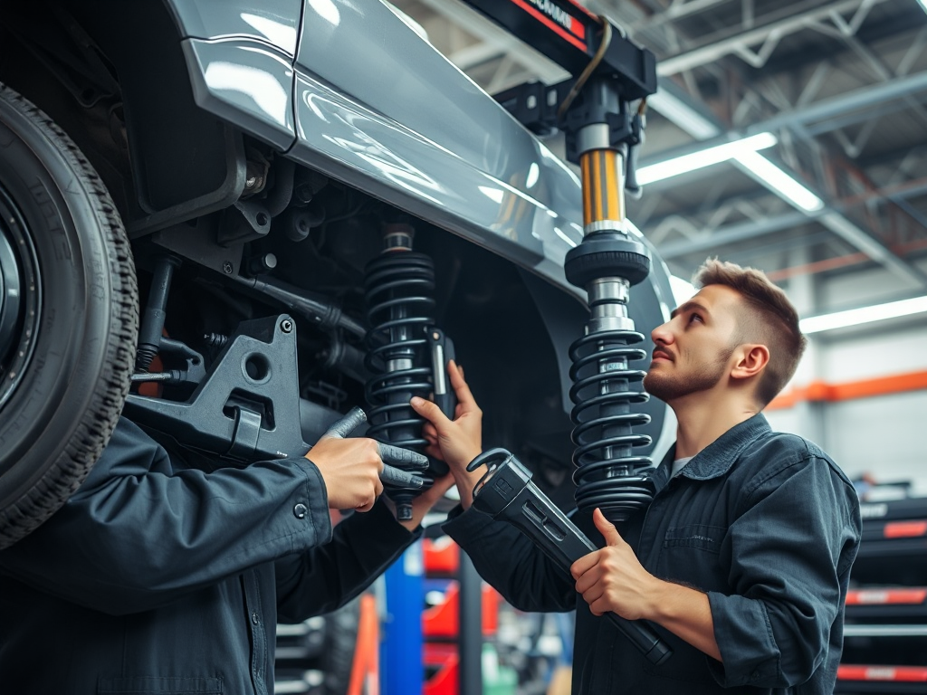 Kỹ thuật viên kiểm tra hệ thống treo ô tô trong xưởng sửa chữa hiện đại với đầy đủ dụng cụ chuyên dụng và ánh sáng đèn huỳnh quang