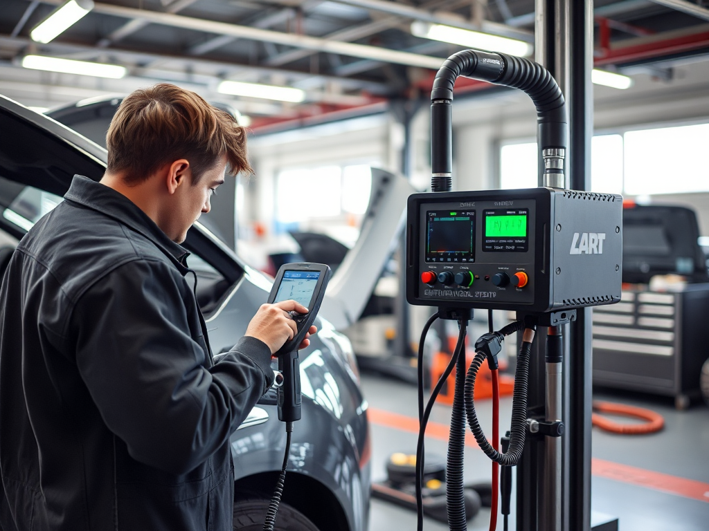 Kỹ thuật viên kiểm tra khí thải ô tô Hà Nội sử dụng thiết bị chẩn đoán trong gara ô tô, dụng cụ chuyên nghiệp và ánh sáng workshop sáng rõ