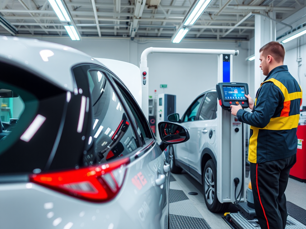 Kỹ thuật viên kiểm tra khí thải ô tô tại trạm đăng kiểm Hà Nội, sử dụng thiết bị chẩn đoán hiện đại trong xưởng sạch sẽ, ánh sáng đèn huỳnh quang, quy trình đăng kiểm chuyên nghiệp