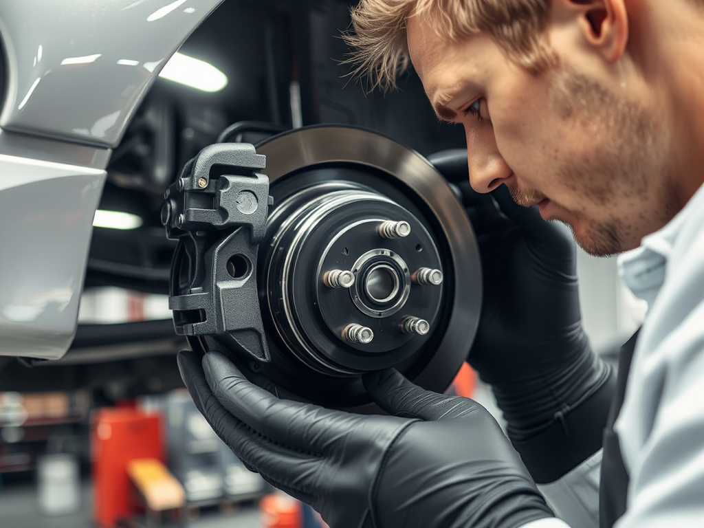 Kỹ thuật viên kiểm tra kỹ lưỡng linh kiện phanh ABS trên ô tô tại xưởng sửa chữa chuyên nghiệp ở Hà Nội, ánh sáng đèn chiếu rõ chi tiết cơ khí