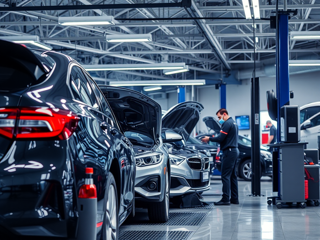 Kỹ thuật viên kiểm tra kỹ thuật ô tô tại trung tâm dịch vụ hiện đại ở Hà Nội với các thiết bị chẩn đoán chuyên nghiệp và ánh sáng đèn LED sáng rõ