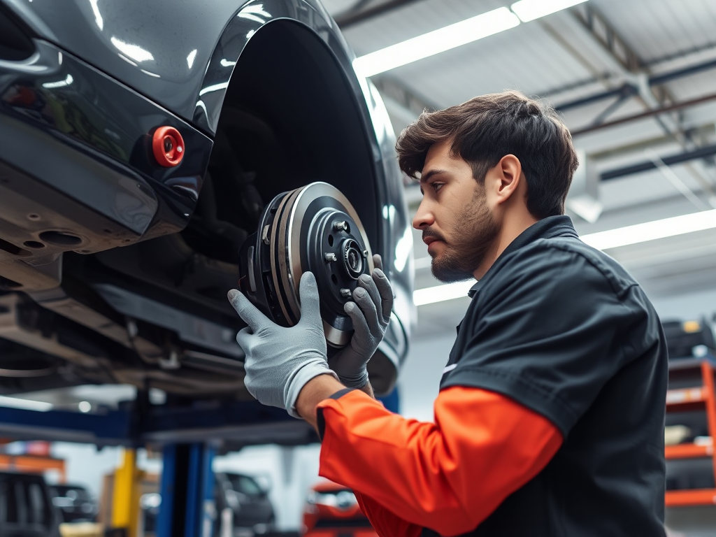 Kỹ thuật viên kiểm tra má phanh ô tô trên giàn nâng trong gara hiện đại với ánh sáng đèn huỳnh quang sáng rõ