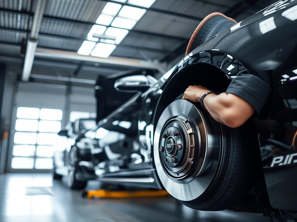 Kỹ thuật viên kiểm tra má phanh trên ô tô sang trọng tại gara hiện đại ở Hà Nội, ánh sáng đèn trần rõ nét, môi trường bảo dưỡng chuyên nghiệp