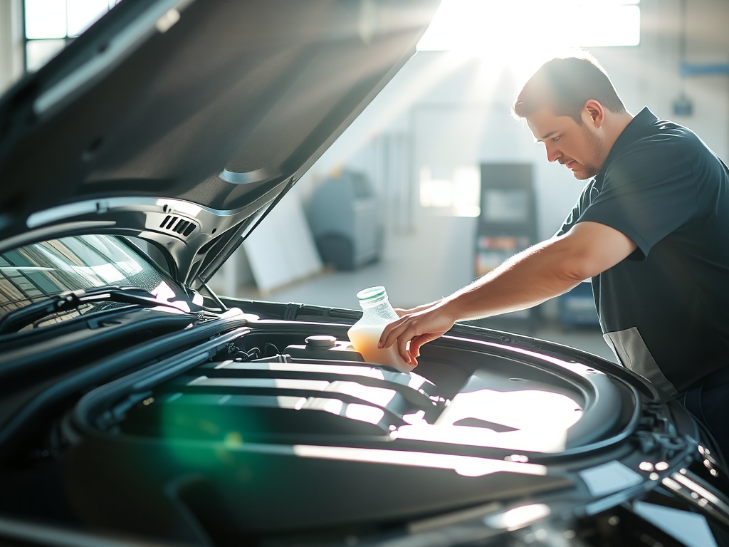 Kỹ thuật viên kiểm tra mức nước làm mát động cơ ô tô trong xưởng dịch vụ chuyên nghiệp, ánh sáng mùa hè chiếu qua cửa sổ, bảo dưỡng ô tô theo mùa tại Hà Nội