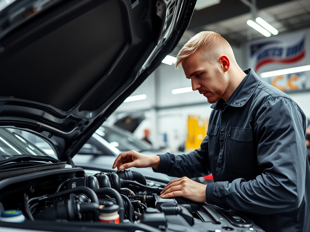 Kỹ thuật viên ô tô chuyên nghiệp kiểm tra động cơ xe trong xưởng sửa chữa hiện đại với ánh sáng rõ ràng và các chi tiết cơ khí phức tạp