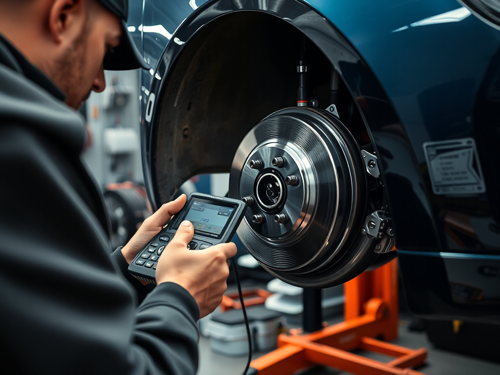 Kỹ thuật viên ô tô chuyên nghiệp kiểm tra hệ thống phanh ABS trên xe trong xưởng sửa chữa, sử dụng thiết bị chẩn đoán hiện đại và các dụng cụ chuyên dụng