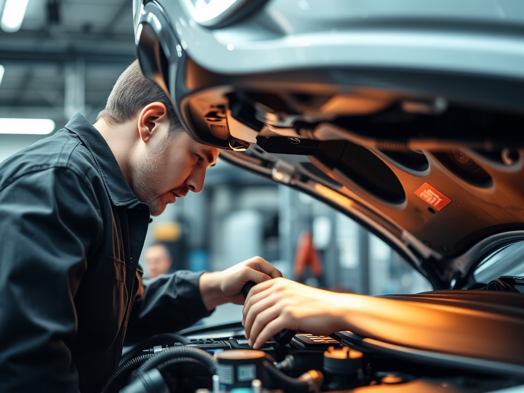 Kỹ thuật viên ô tô đang kiểm tra động cơ xe dưới ánh sáng đèn workshop, sử dụng các dụng cụ chẩn đoán chuyên nghiệp trong quá trình bảo dưỡng xe