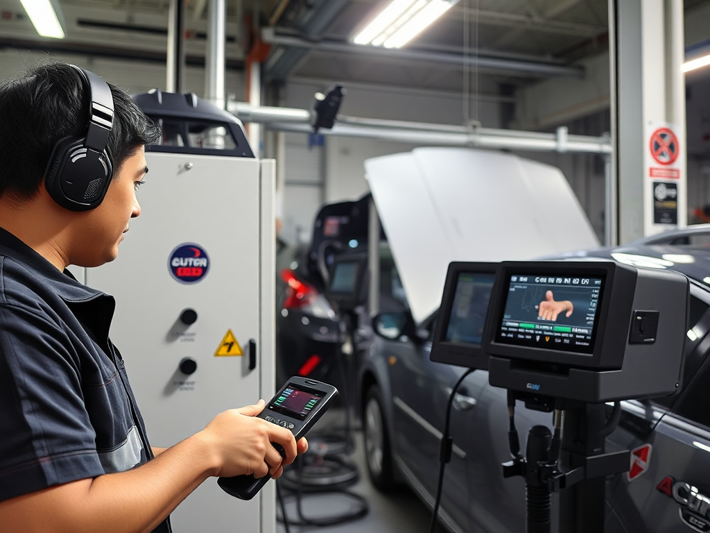 Kỹ thuật viên sử dụng thiết bị kiểm tra khí thải ô tô hiện đại trong xưởng dịch vụ tại Hà Nội, đảm bảo xe đạt tiêu chuẩn môi trường