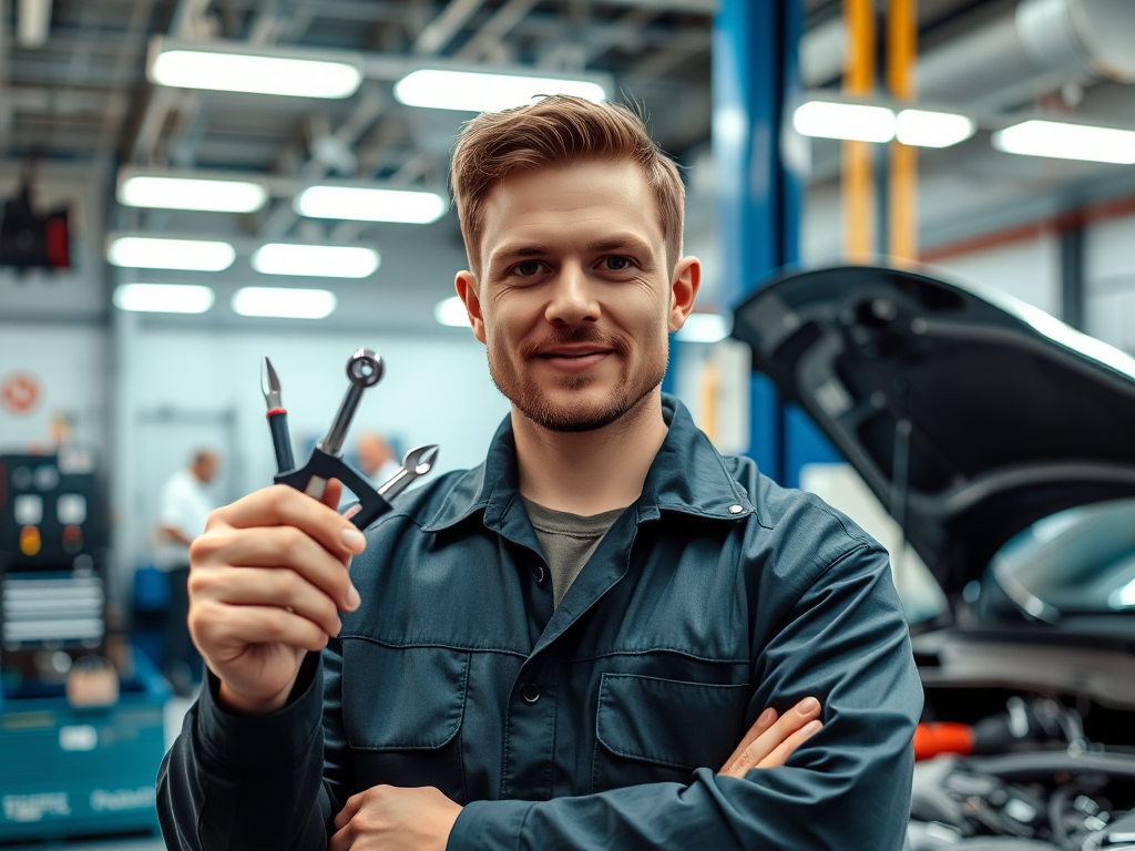Kỹ thuật viên sửa chữa ô tô chuyên nghiệp cầm dụng cụ chính xác trong xưởng hiện đại với ánh sáng LED sáng và thiết bị công nghệ cao