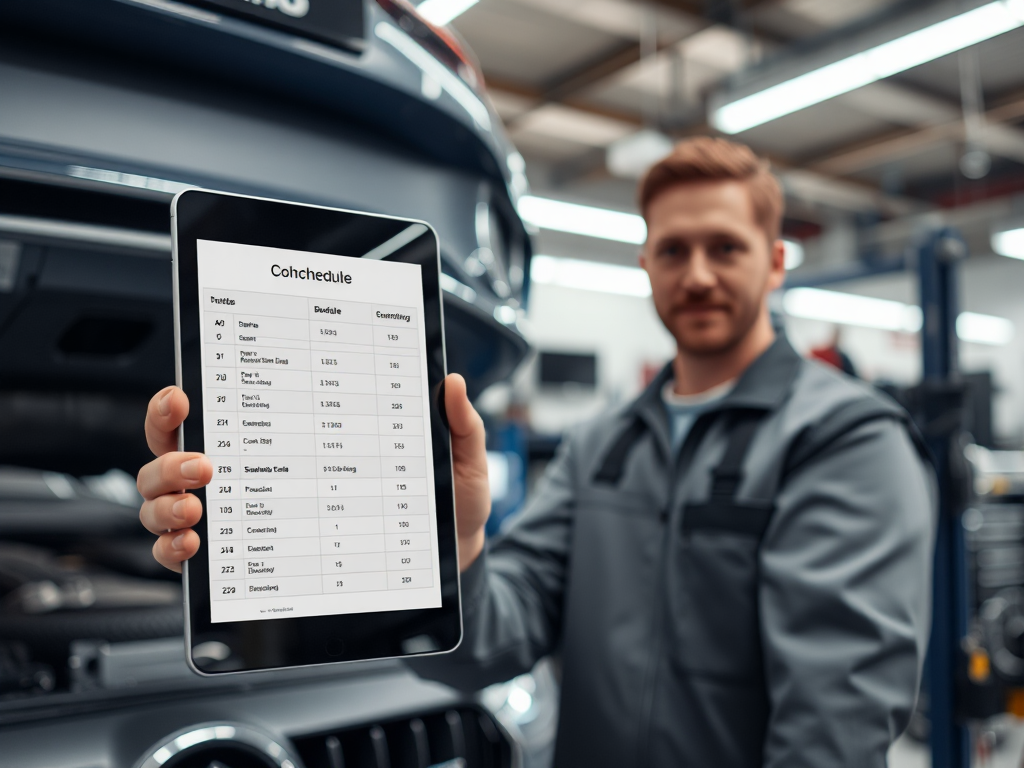Lịch trình bảo dưỡng ô tô theo mùa tại Hà Nội được hiển thị trên máy tính bảng, thợ cơ khí chuyên nghiệp làm việc trong xưởng sửa chữa hiện đại với đầy đủ dụng cụ