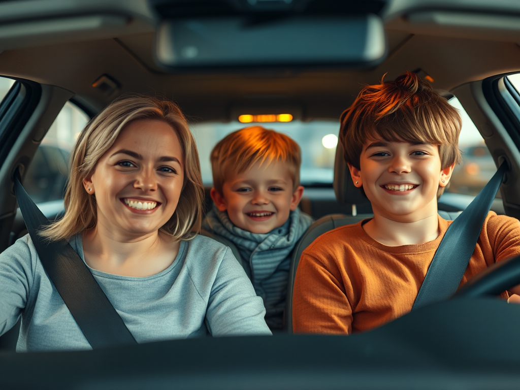Gia đình an toàn trong xe ô tô hiện đại, thắt dây an toàn, minh họa tầm quan trọng của phụ tùng ô tô chính hãng.