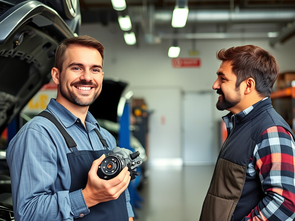 Thợ máy chuyên nghiệp trong xưởng, cầm phụ tùng ô tô chính hãng, đang giải thích cho khách hàng với sự tin cậy.