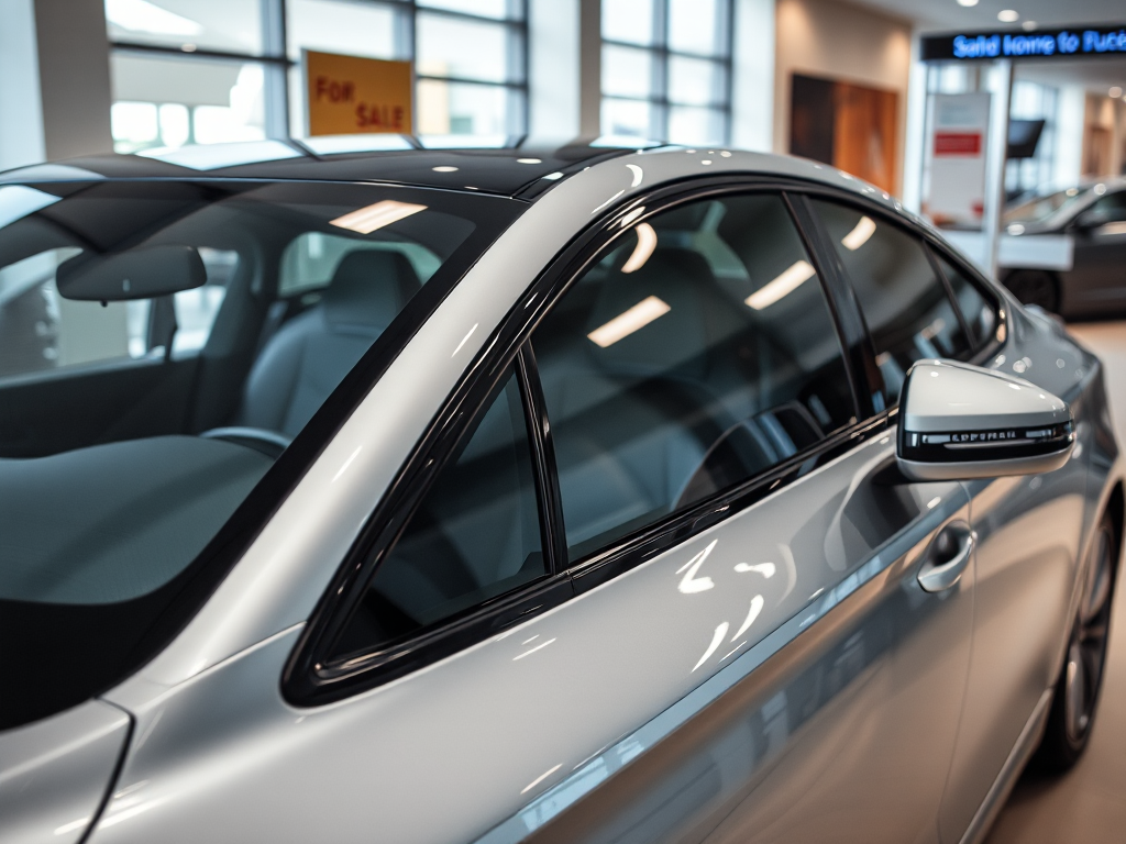 Một chiếc xe hơi sang trọng được bảo dưỡng tốt, đỗ trong showroom, phản chiếu ánh sáng rực rỡ, tượng trưng cho giá trị bán lại cao khi sử dụng phụ tùng ô tô chính hãng.