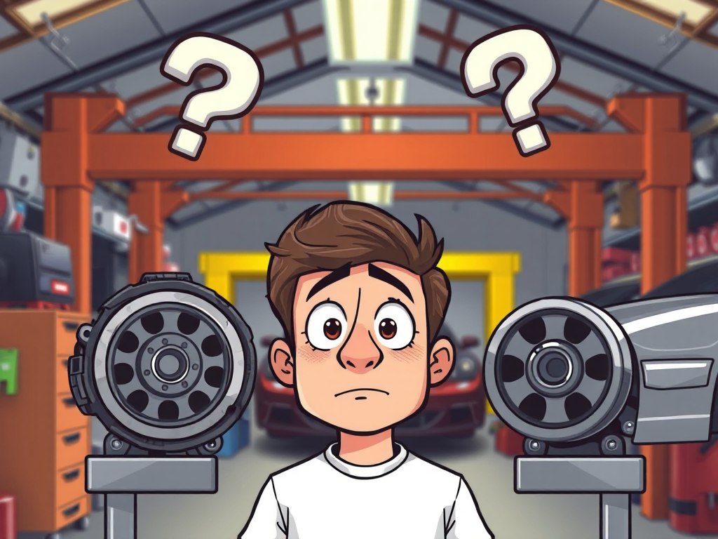 Một người đang bối rối nhìn vào hai phụ tùng ô tô khác nhau, một chất lượng cao và một kém hơn, trong một xưởng sửa chữa.
