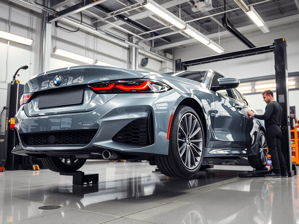 Hình ảnh một chiếc xe BMW sang trọng đang được nâng lên trong nhà xưởng hiện đại, một kỹ thuật viên chuyên nghiệp đang kiểm tra tỉ mỉ để bảo dưỡng xe BMW.