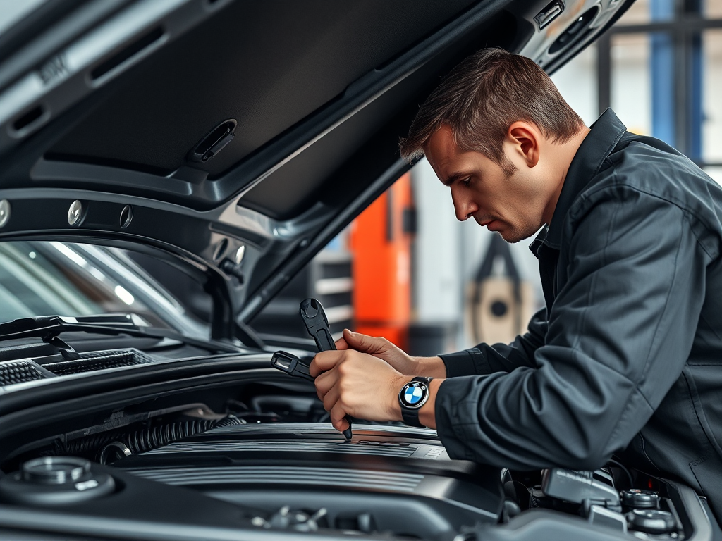 Thợ máy chuyên nghiệp đang kiểm tra động cơ xe BMW bằng dụng cụ chuyên dụng, đảm bảo bảo dưỡng xe BMW đúng cách.