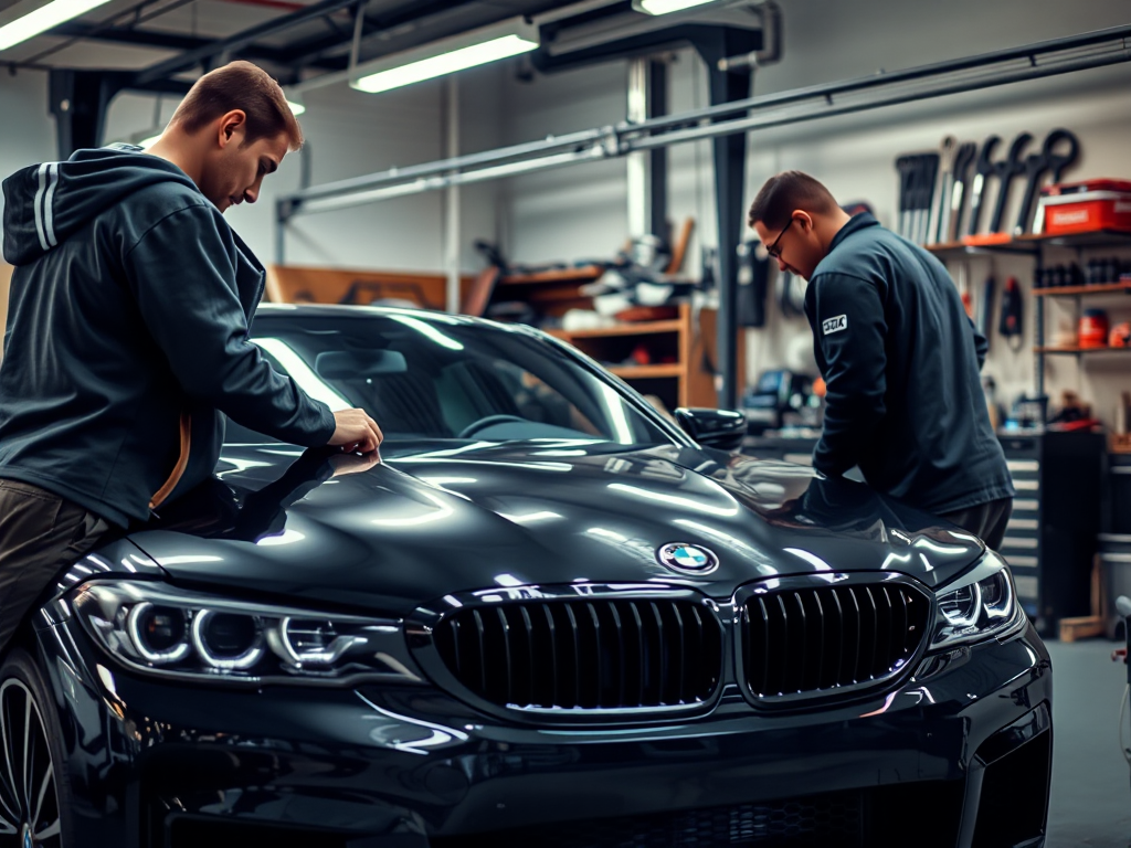 Một chiếc xe BMW đang được kỹ thuật viên kiểm tra cẩn thận trong xưởng sửa chữa hiện đại, minh họa việc bảo dưỡng xe BMW.