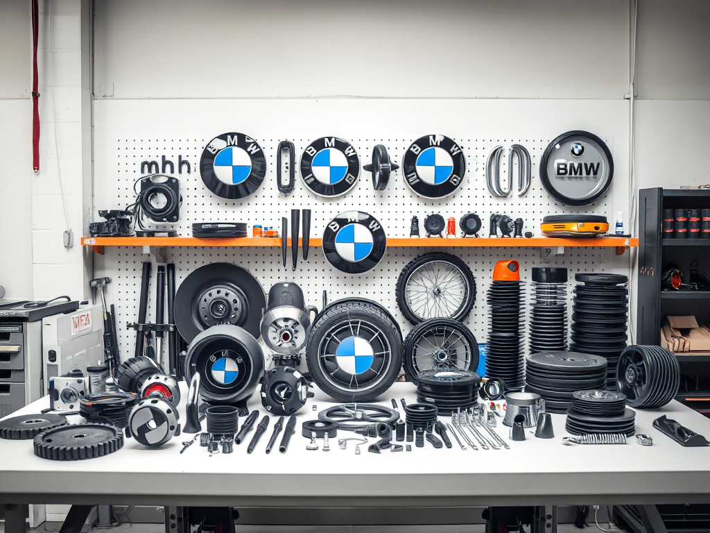 Hình ảnh minh họa các linh kiện thay thế thiết yếu cho xe BMW, sắp xếp gọn gàng trên bàn làm việc chuyên nghiệp.