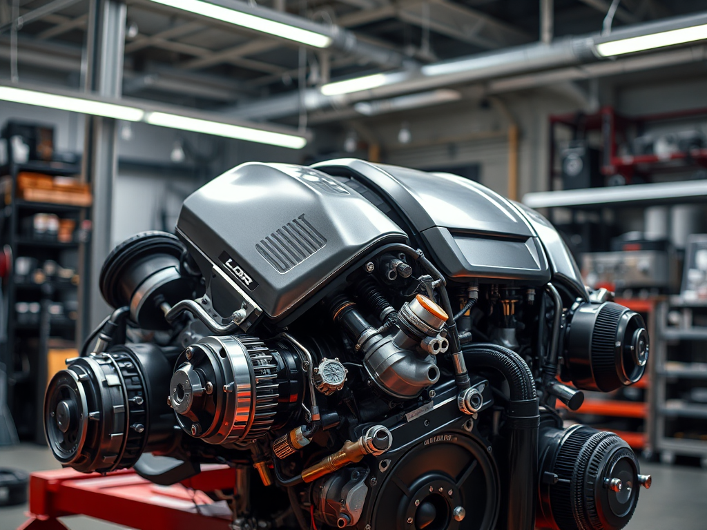 Hình ảnh cận cảnh các bộ phận động cơ ô tô cao cấp, sáng bóng, được sắp xếp gọn gàng trong xưởng, thể hiện sự tinh xảo và chất lượng vượt trội.