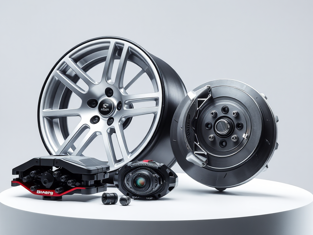 Hình ảnh minh họa các phụ tùng ô tô cao cấp như mâm xe hợp kim và kẹp phanh hiệu suất cao, được trưng bày tinh xảo.