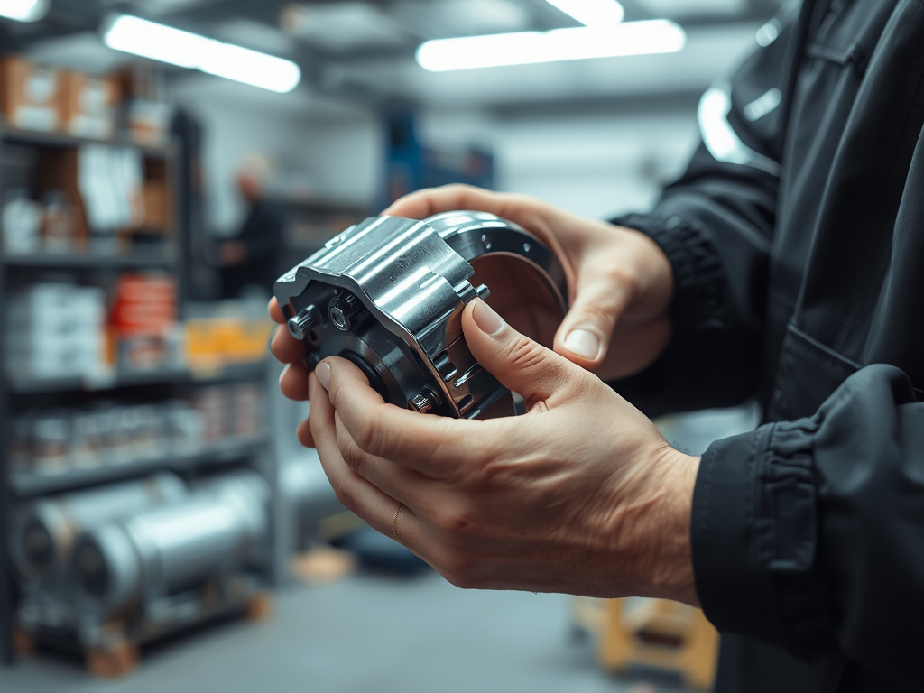 Bàn tay đang cẩn thận kiểm tra một phụ tùng ô tô cao cấp, sáng bóng trong xưởng, thể hiện sự lựa chọn kỹ lưỡng.