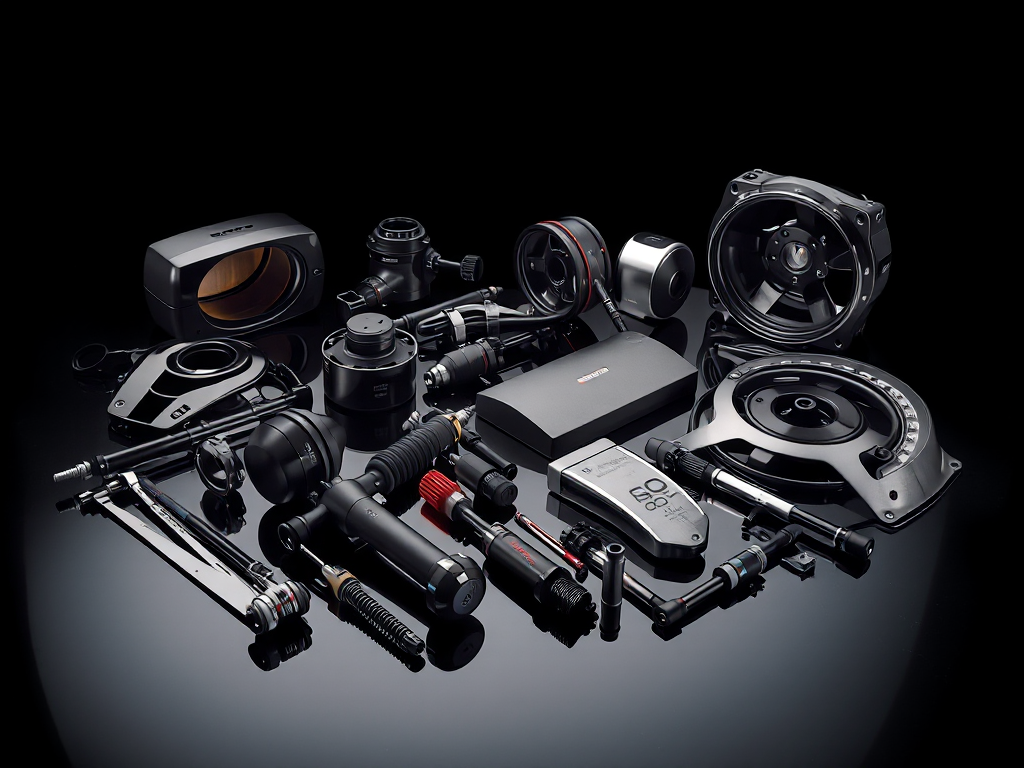 Bộ sưu tập phụ tùng ô tô cao cấp được sắp xếp tinh xảo trên nền tối, thể hiện sự sang trọng và chất lượng vượt trội.