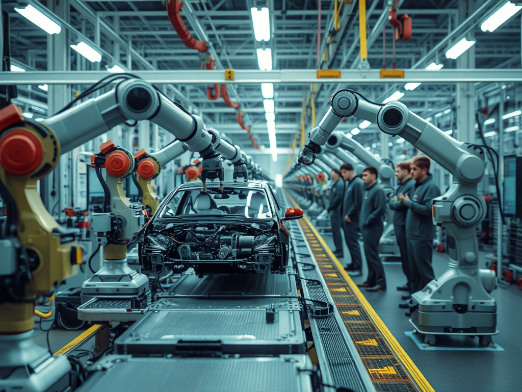 Hình ảnh những cánh tay robot hiện đại đang lắp ráp phụ tùng ô tô trên dây chuyền sản xuất tự động, thể hiện công nghệ sản xuất phụ tùng ô tô tiên tiến.