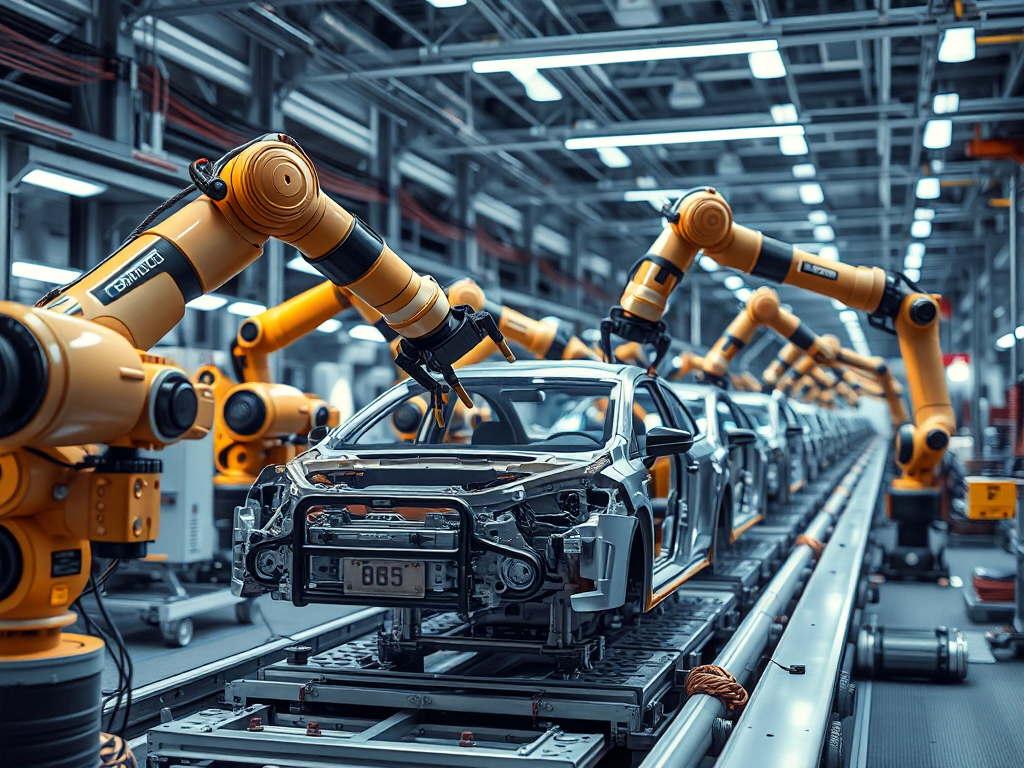 Hình ảnh cánh tay robot công nghiệp tự động lắp ráp chính xác các bộ phận ô tô, thể hiện công nghệ sản xuất phụ tùng ô tô hiện đại.