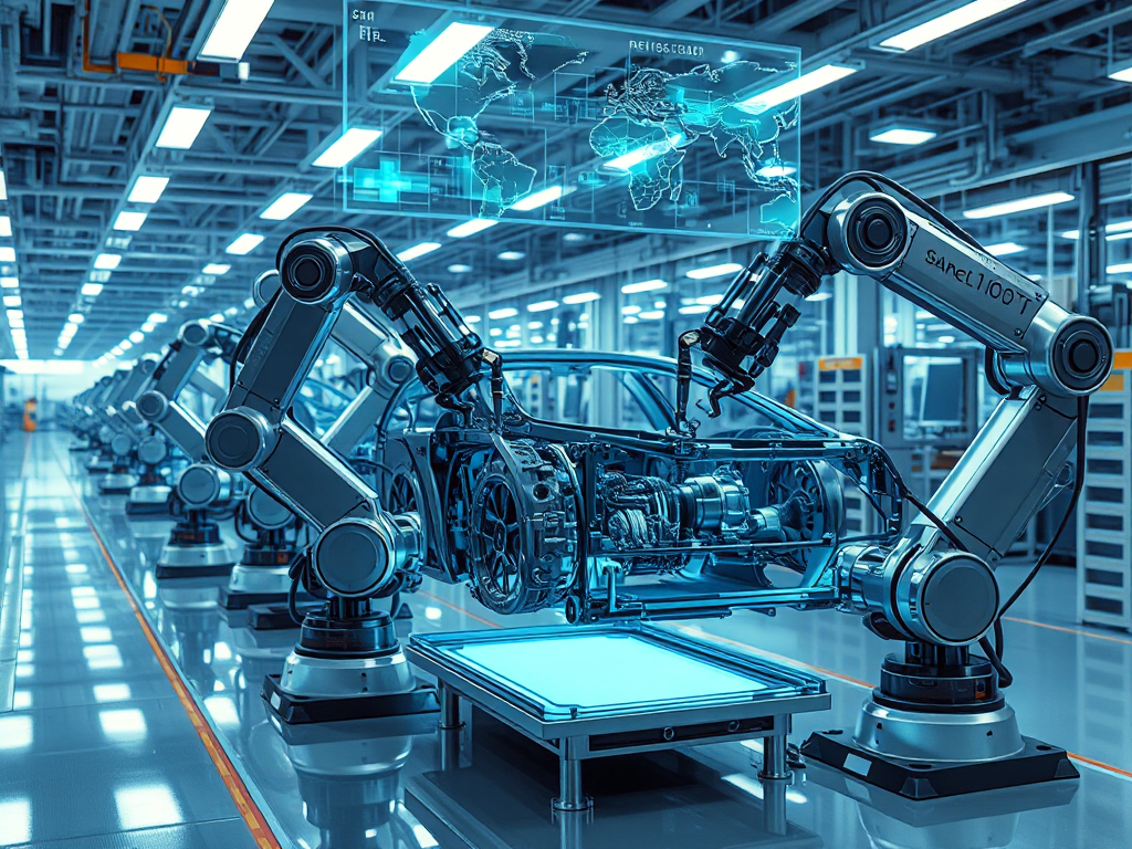 Cánh tay robot tự động lắp ráp phụ tùng ô tô phức tạp trong nhà máy hiện đại, thể hiện công nghệ sản xuất phụ tùng ô tô tiên tiến.