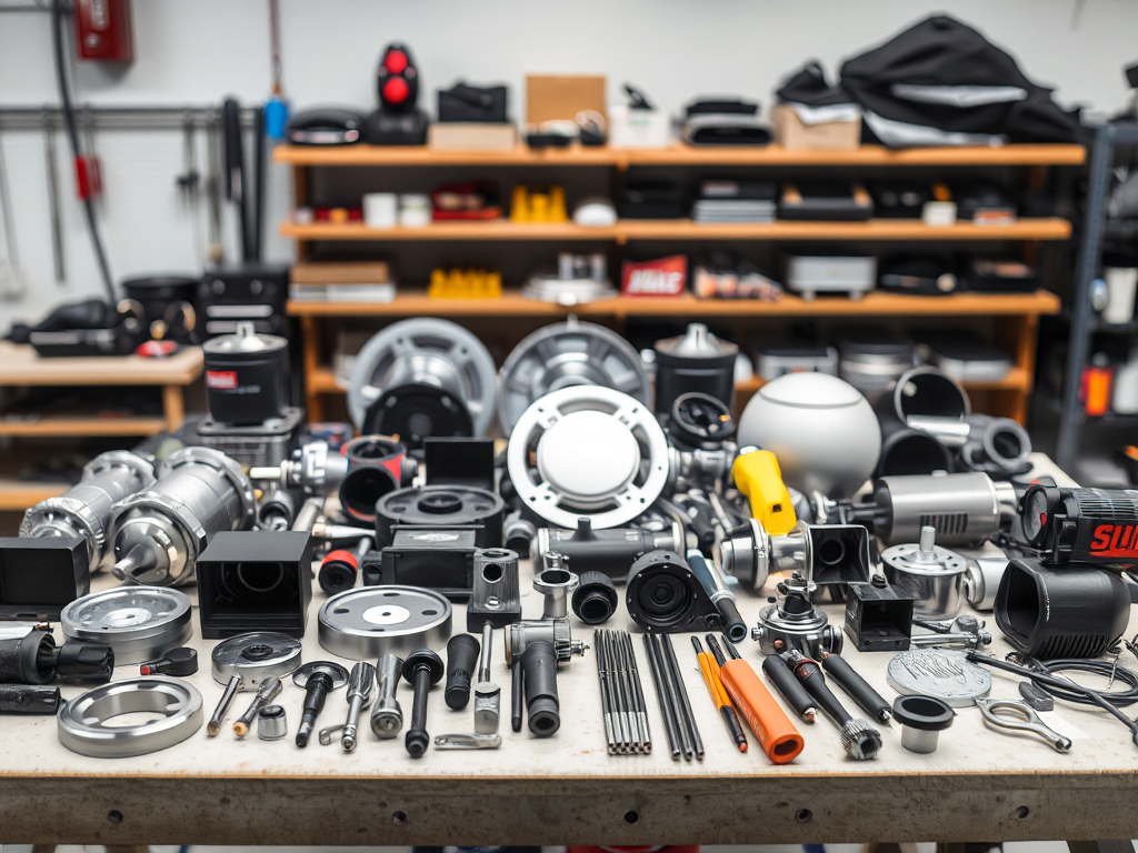 Một bộ sưu tập đa dạng các loại phụ tùng ô tô hiện đại được sắp xếp gọn gàng trên bàn làm việc trong xưởng.