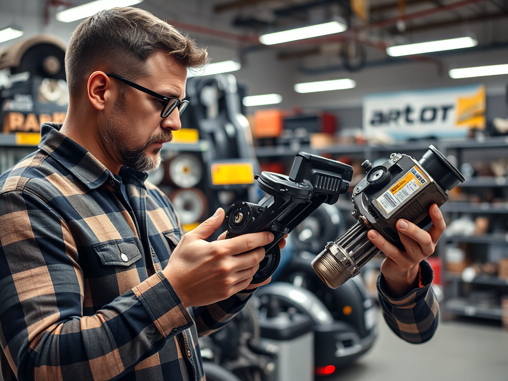 Một người đang so sánh các phụ tùng ô tô khác nhau trong cửa hàng, tay cầm một bộ phận, ánh sáng tốt.