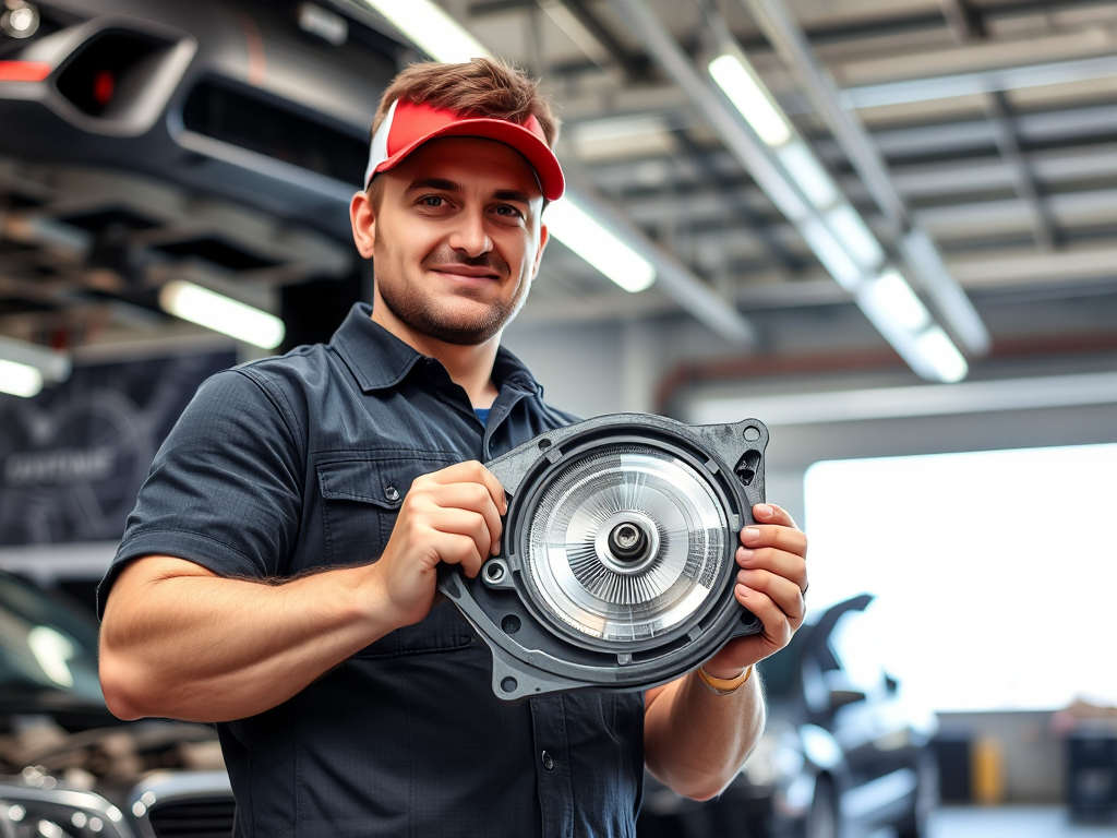 Một thợ máy đang cầm phụ tùng ô tô chính hãng, đứng trong nhà xưởng sửa chữa ô tô sạch sẽ, thể hiện chất lượng cao.