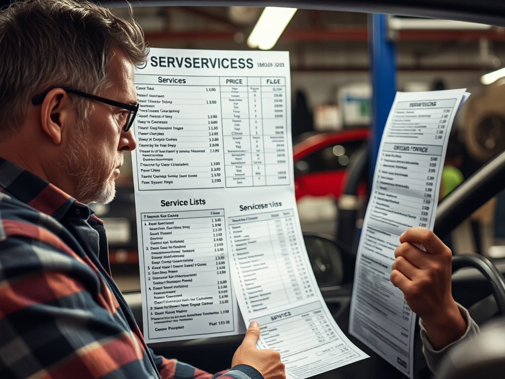 Người chủ xe đang nhìn bảng giá dịch vụ gara ô tô Hà Nội với vẻ mặt bối rối, thợ cơ khí đang giải thích các dịch vụ, không gian gara hiện đại với ánh sáng ấm áp