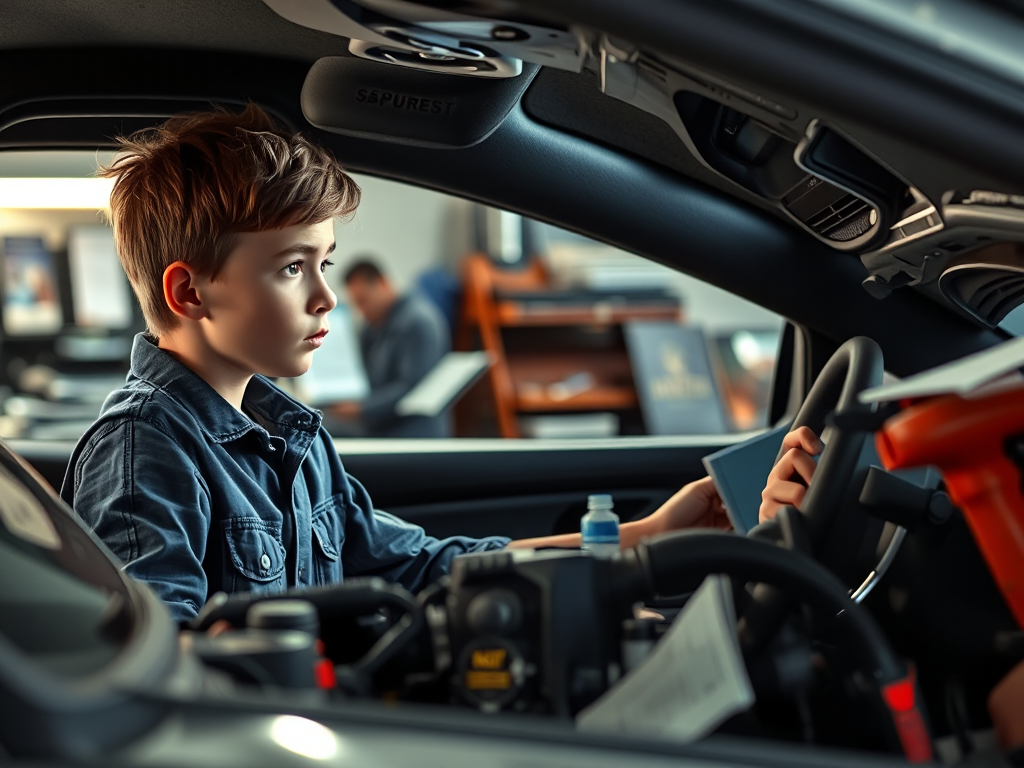 Người lái xe mới bối rối trước động cơ ô tô trong gara sửa chữa, xung quanh là dụng cụ và sách hướng dẫn, ánh sáng dịu nhẹ tạo không gian chuyên nghiệp