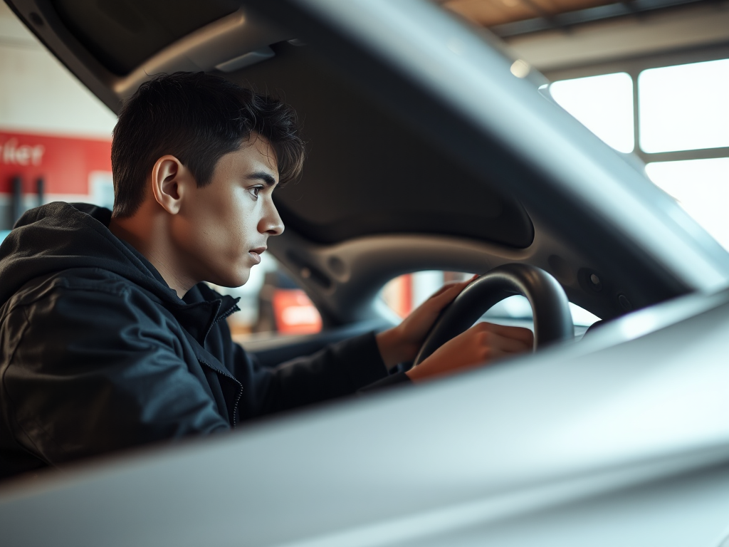 Người lái xe mới kiểm tra xe ô tô dưới nắp ca-pô trong gara sửa chữa, ánh sáng tự nhiên nhẹ nhàng, chi tiết kỹ thuật ô tô rõ nét